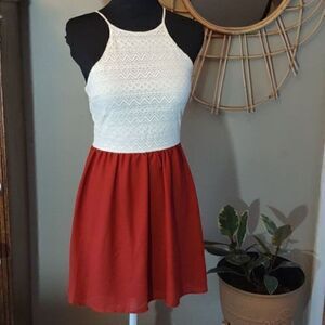 Tobi Burnt Orange with Creamy Lace Halter Top Mini Swing Dress Sz S‎